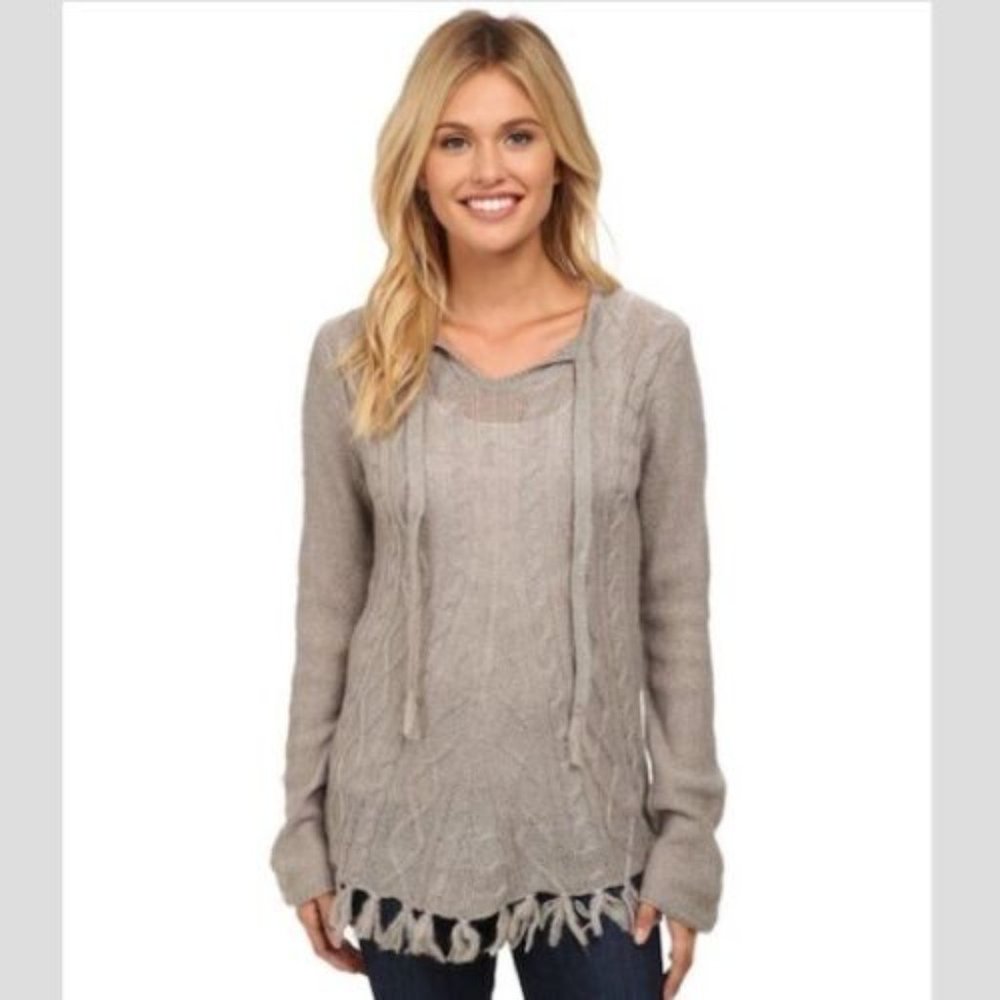 PRANA Shelby wool blend cable knit fringe pullover sweater in Fog NEW